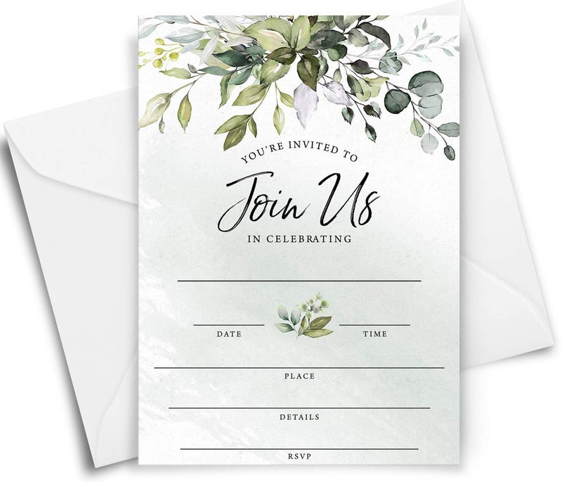 Printed Party Fill-in Invitations and Envelopes, Eucalyptus Greenery, Set of 25 - Image 2